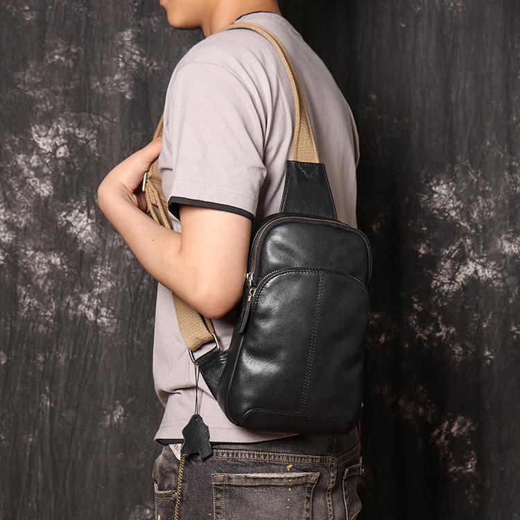 New Men's Leather Close Fitting Chest Bag, Women's Cowhide Crossbody Small Backpack, Oil Leather Large Capacity Shoulder Bag