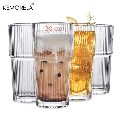 KEMORELA 2/4PCS Ribbed Glass Tumbler 590ML Large Capacity Drinking Glasses for Family Gathering Iced Coffee Juice and Cocktails