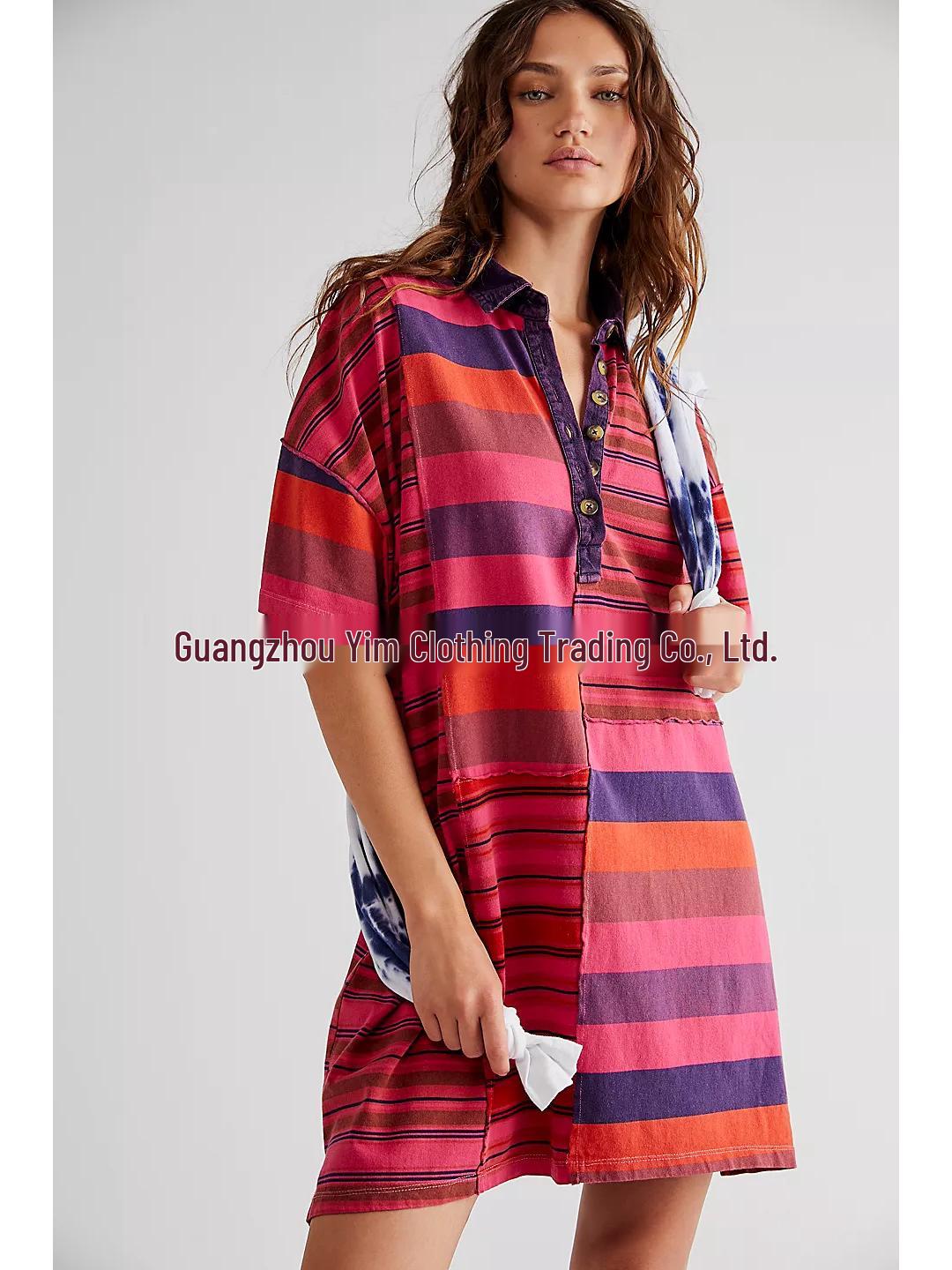 

New Arrival Color Block Stripe Mid-Sleeve Lapel Dress - Loose Casual Women s Clothing Large