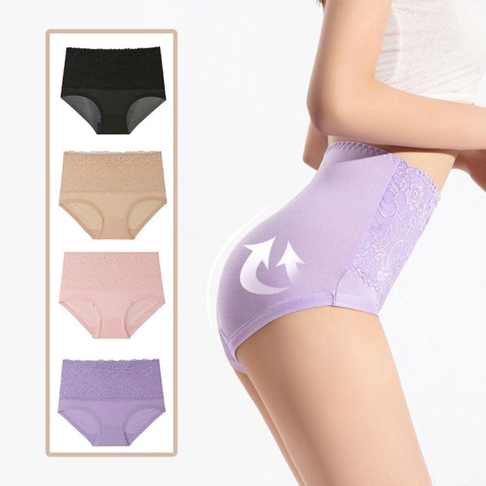 4Pcs Tummy Control Lace Flower Briefs Large Size Underwear for Women Sweet Seamless Panties Girl