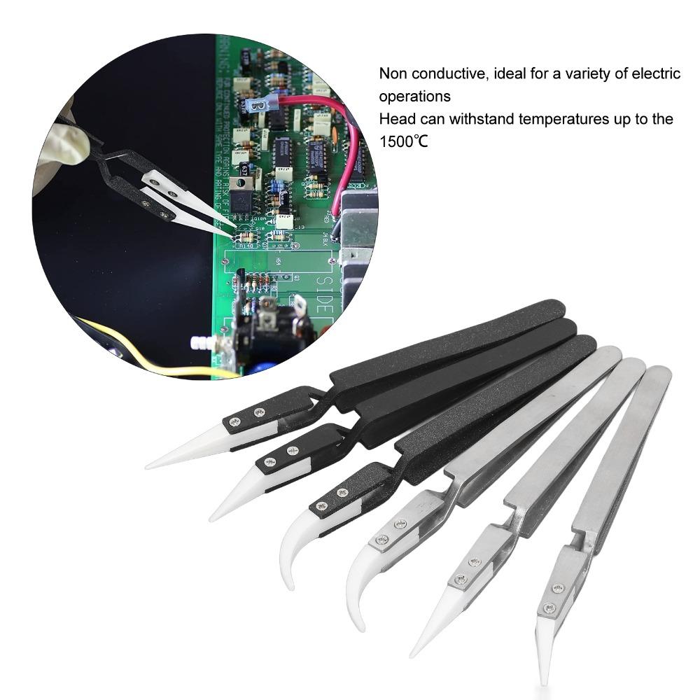 6 PCS Non-Conductive Ceramic Tweezers Anti-Magnetic Pointed & Curved Tips Reverse Solder Tweezers Cross Lock Stainless Steel