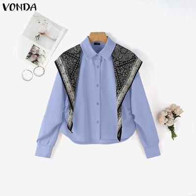 Women Lapel Neck Long Sleeve Retro Print Patchwork Buttons Up Casual Shirts Blouse