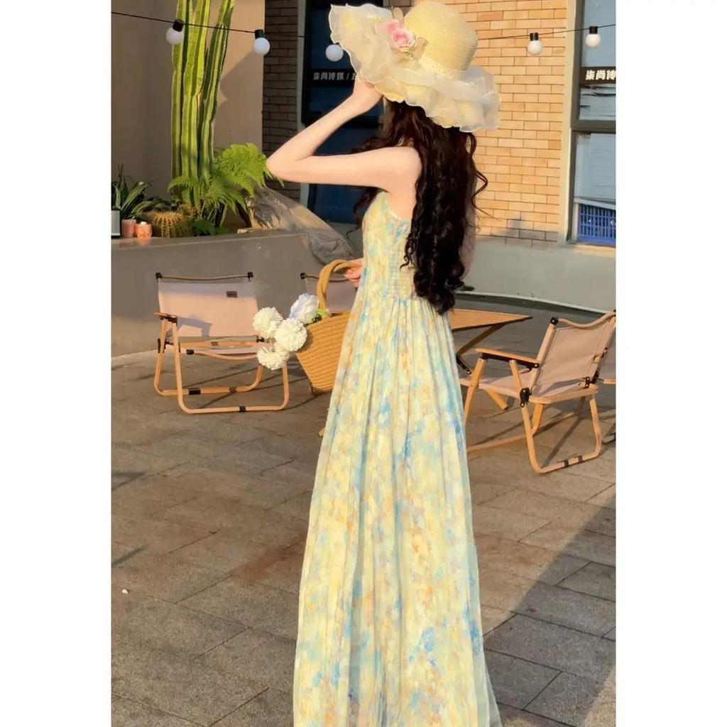 2025 Summer Floral Print Maxi Camisole Dress: Commuter Style with Patchwork Design for Women