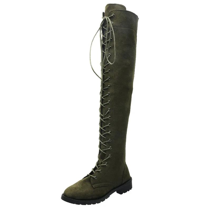 Fashion Casual Women's Boots Low Heels Flock Winter Over Knee Boots for Woman 2025 Lace Up Fashion Female Thigh High Boots2025