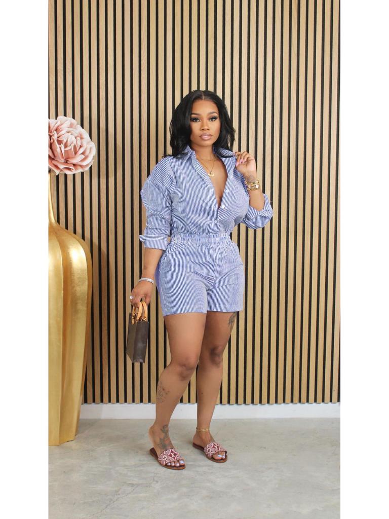 Frühling/Sommer Damen Gestreiftes Knopfrevers Zweiteiliges Set