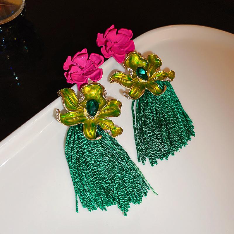 Oil drop diamond flower braided rope fringed silver needle earrings fashion French temperament earrings