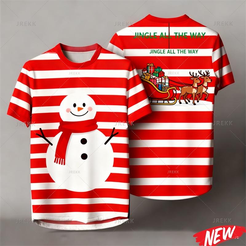 Red Stripes Cartoon Christmas Tshirt Men Women 3d Printing Merry Christmas Tee Shirts Tops 2026 New Year Short Sleeve T-shirt