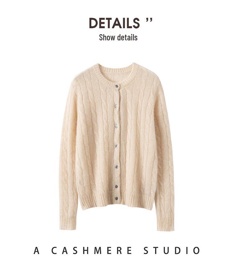 Women's Kangbaolai Velvet Cardigan - 75% Cashmere, 25% Mulberry Silk, Button-Up Round Neck, Long Sleeve Cable Knit Sweater Coat