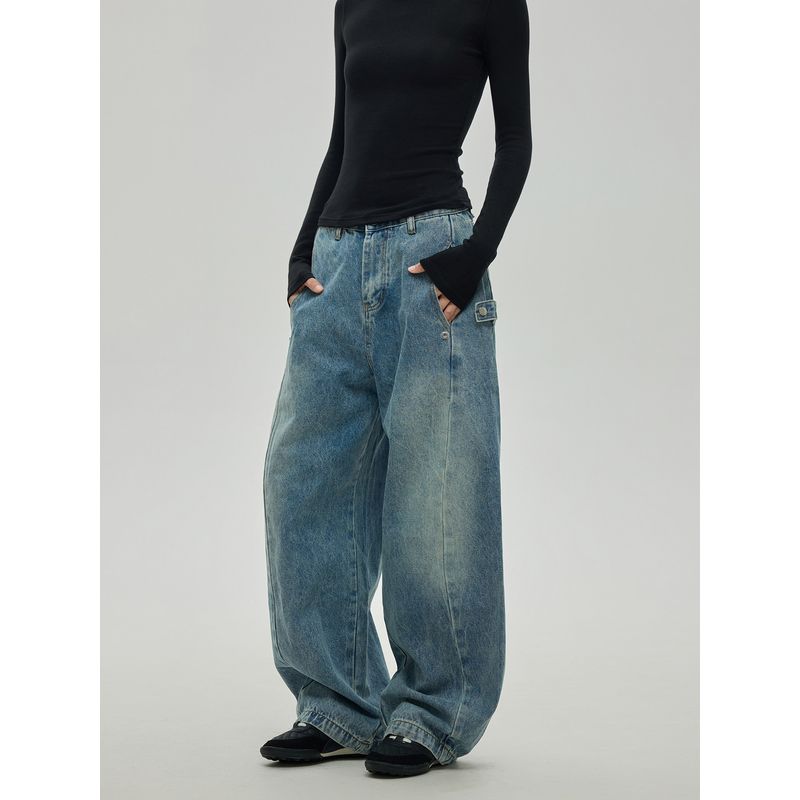Black of Exit American High Street Style Split-Line Design Jeans Cleanfit Washed Blue Long Pants