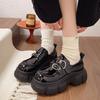 thick-soled double-buckle loafers, leather Velcro thick-heeled women's shoes, versatile muffin-soled leather shoes, high-heeled deep-mouth
