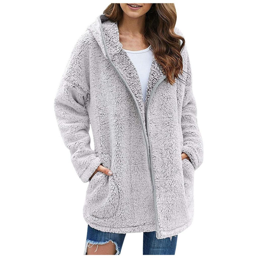 Women's Casual Solid Color Hooded Fleece Sweatshirt Long Sleeve Lapel Fleece Top For Autumn Winter