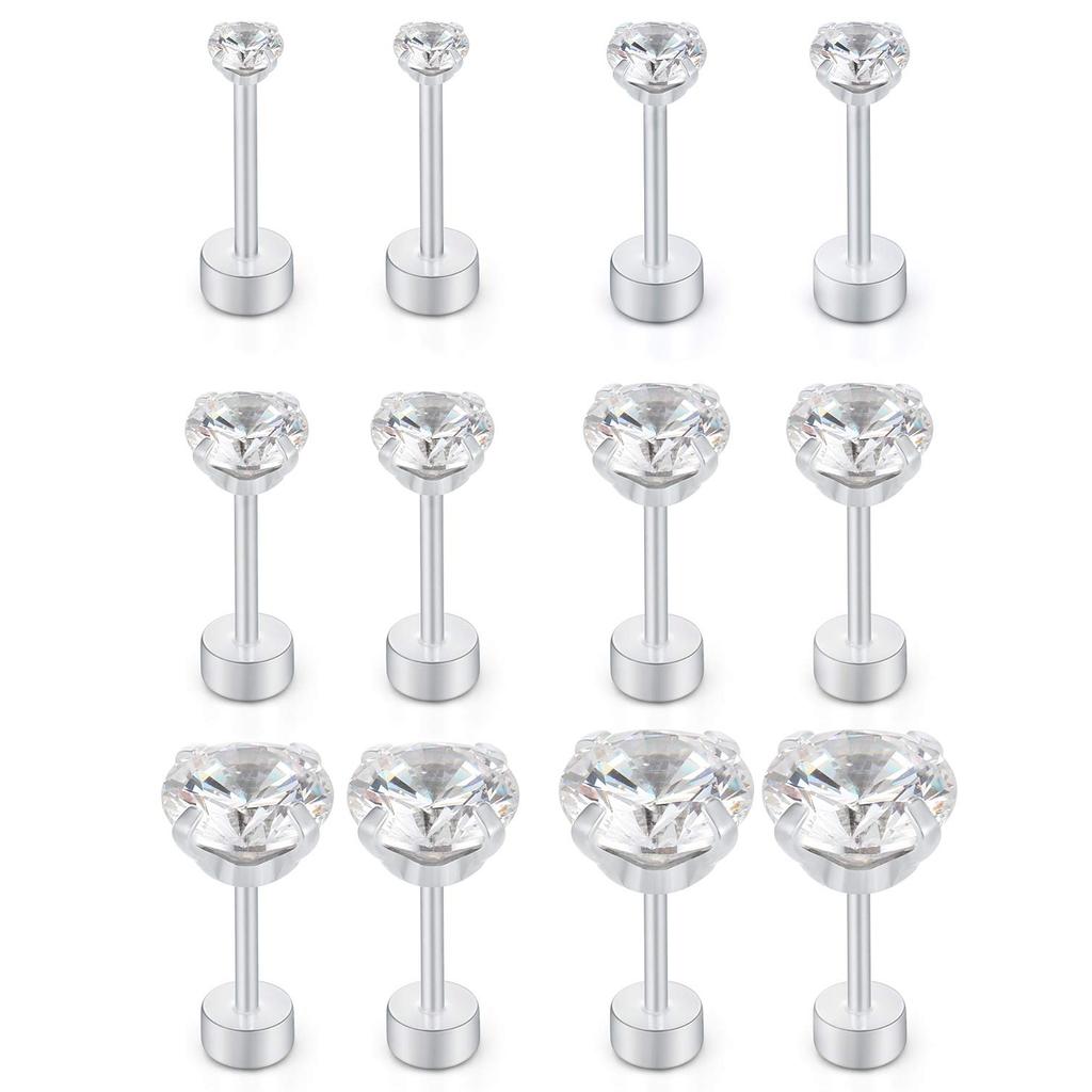 1 Paio di Orecchini a Perno Trago in Acciaio Inossidabile per Donne Uomini Zirconia Cubica Rotonda Dorso Piatto Chiusura a Vite Piercing all'Orecchio 2-8MM Gioielli