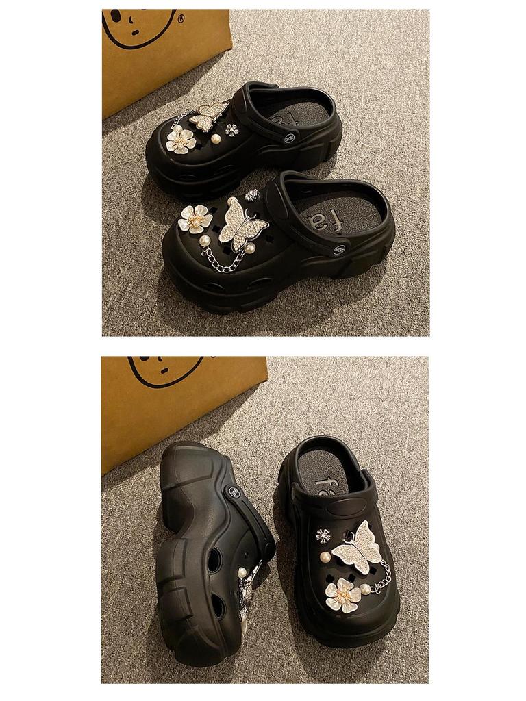 Women's Summer Platform Sandals: Closed-Toe Slippers with Thick Soles, Pearl Rhinestones, Chain Accents.