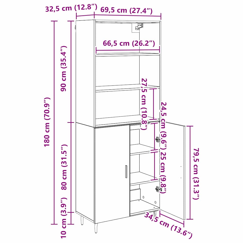 Highboard Reclaimed Wood 69.5 x 34 x 180 cm Engineered Wood and Glass