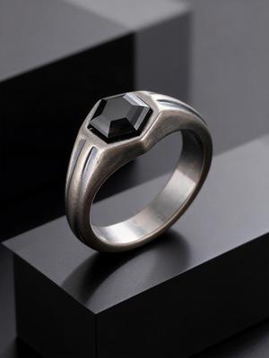Punk Vintage Gray Stainless Steel Rings for Men Hexagon Black Zircon Ring Hip Hop Fashion Waterproof Finger Jewelry Party Gifts
