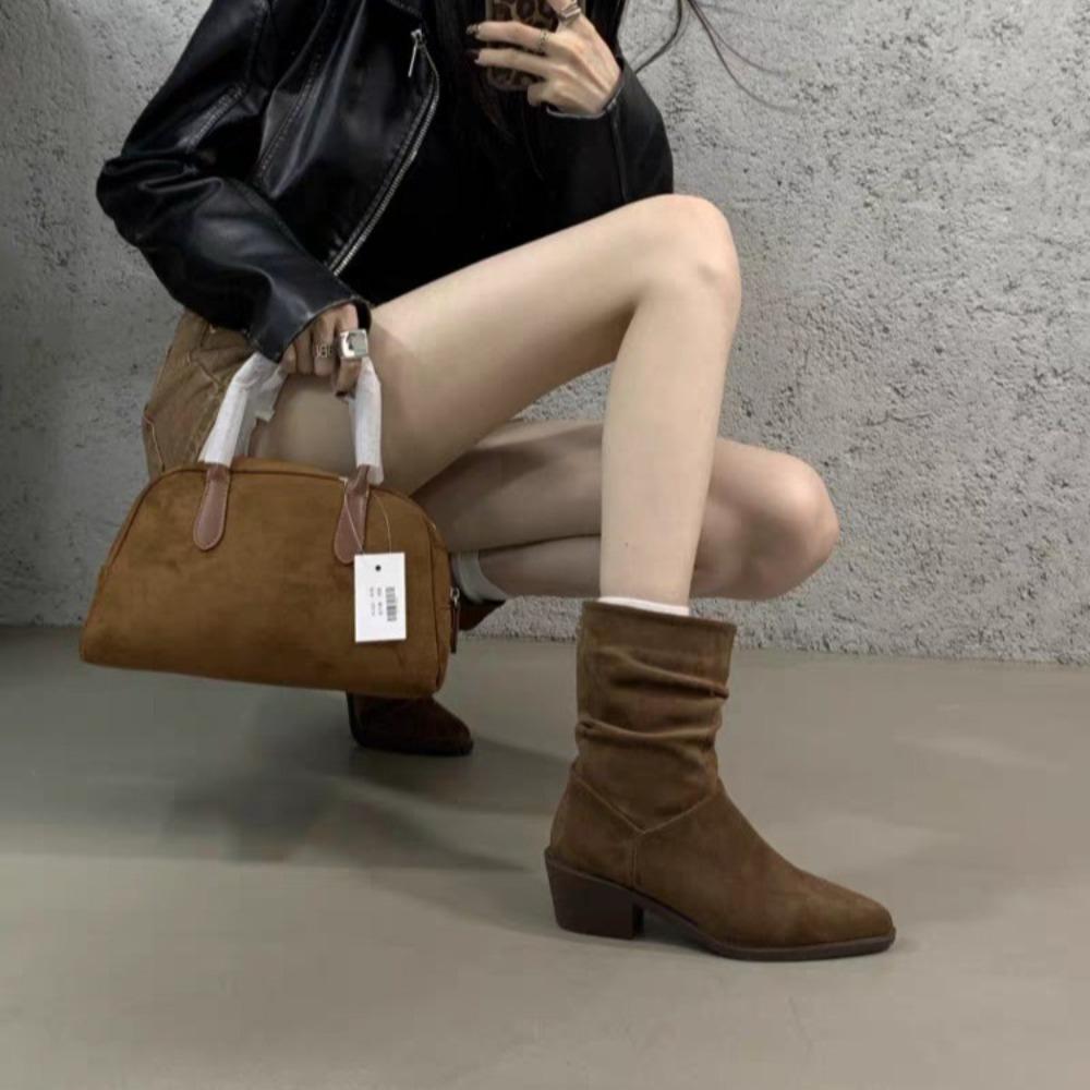 Suede Women's Mid-calf Boots Solid Color Mid-heeled Fashion Winter New Women's Pointed Toe All-match Pleated Fashion Boots