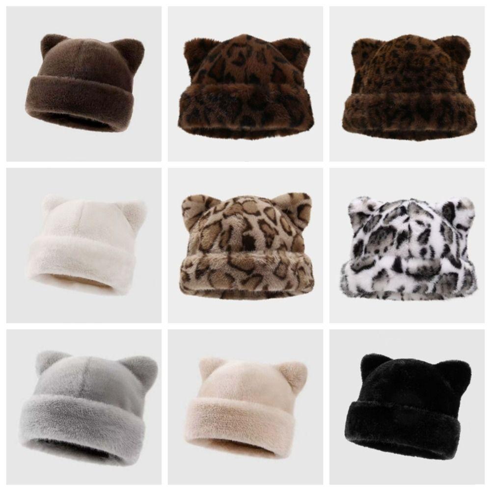 Korean Style Leopard Ear Beanie Soft Pullover Cap Versatile Brimless Beanie Cap  Autumn