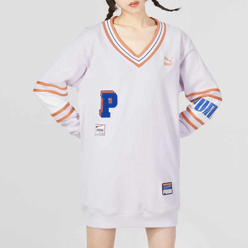 Puma Urban Vintage Badge Logo Print Sporty Casual Knit Long Sleeve Dress Women Dress Purple 677380-17