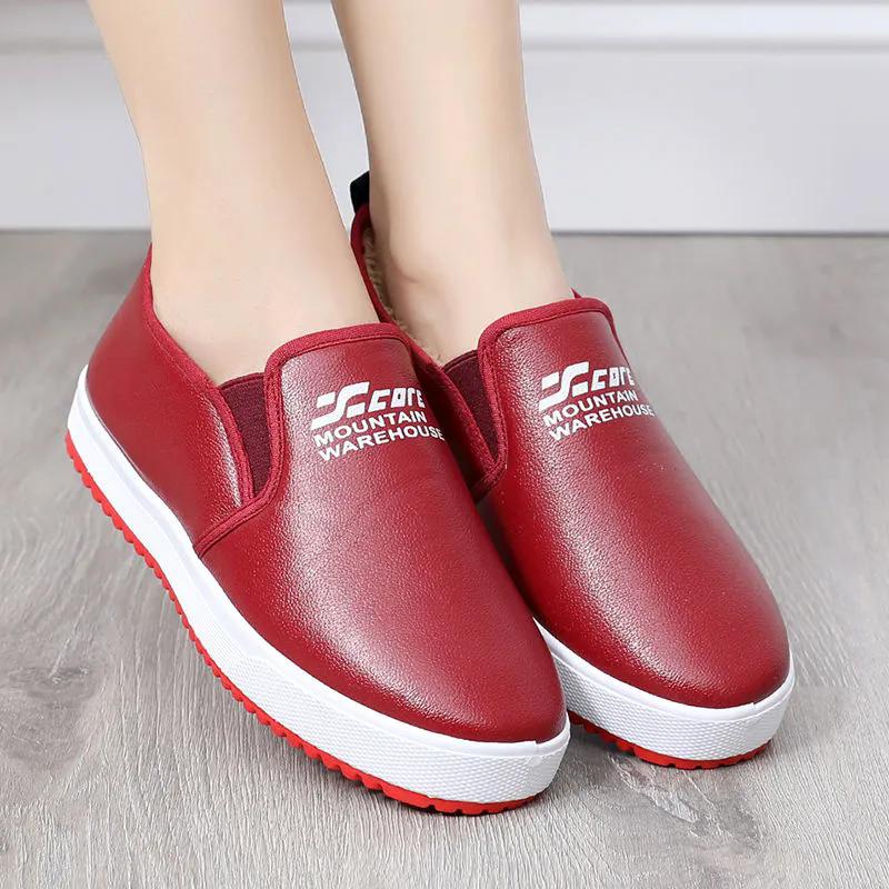 WTEMPO Women Faux Leather Casual Solid Color Soft Shoes Autumn Winter Large Size Warm Plush Slip-on Shoes