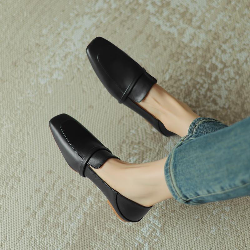 Fashion Women's New Comfortable and Minimalist Square Head Inner and Outer Genuine Leather Cowhide Large Size Flat Sole Single Shoes