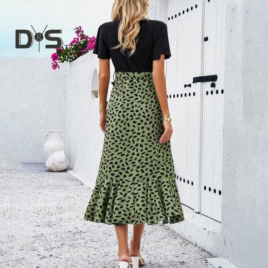 Women's Ruffle Irregular Hem Midi Dress Short Sleeve V-Neck Printed Wrap Dress Summer Beach Wedding Guest Dresses