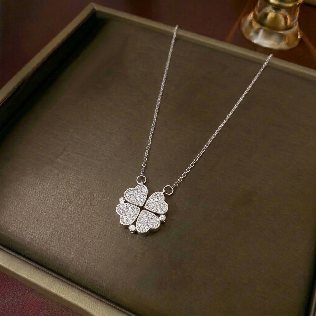 Women's Heart-Shaped Necklace with Four-Petal Flower, Cubic Zirconia, Titanium Steel Clavicle Chain - Elegant and Versatile Accessory