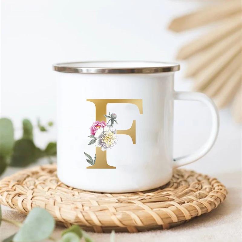 Letter Floral Print Vintage Enamel Mugs Creative Coffee Tea Cup Drink Dessert Milk Cups Handle Drinkware Wedding Bridesmaid Gift