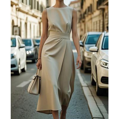 Women's Fashion Summer Spring Solid Color Print Sleeveless O-Neck High Waist Casual Dresses