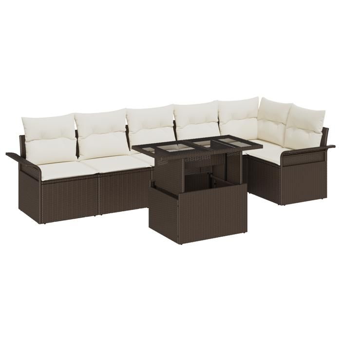 Ensemble de canapé de jardin 7 pièces avec coussins en rattan synthétique marron, Canapé de jardin 2 places avec rangement 3357031