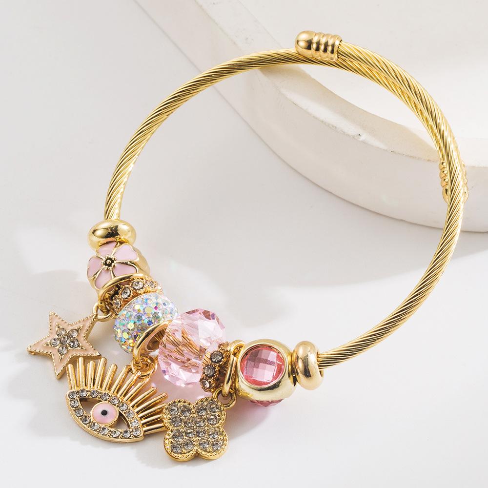 

Модный браслет с подвеской в виде демонического глаза, сплав, капля масла, инкрустированный бриллиантами, браслет со звездой и клевером розовый