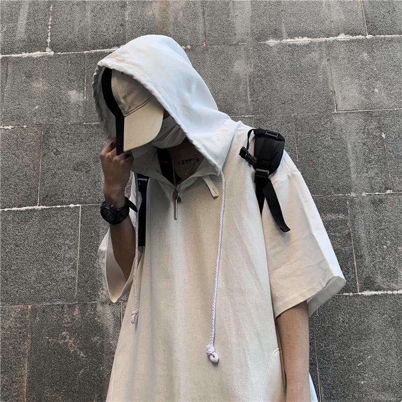 Dark Trendy Oversized Men's Hip-Hop Hooded Short-Sleeve Korean Style T-Shirt