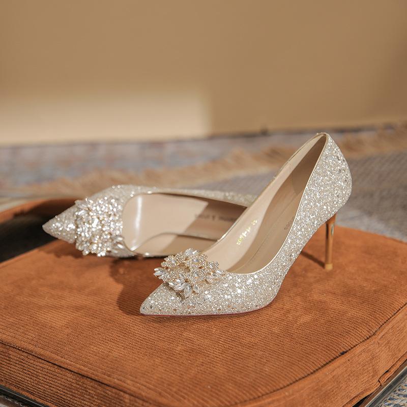 - French rhinestone high heels women's wedding shoes banquet pointed temperament crystal shoes stiletto sequins single shoes women