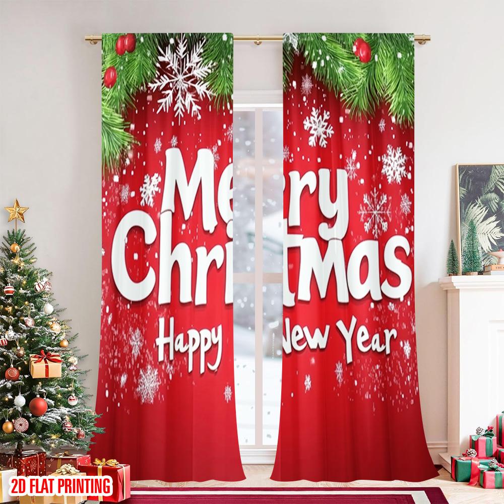 Flat Printing Merry Christmas Popular Curtain New Year Polyester Without Electricity Birthday Party Use Curtains Set Of 2 Made
