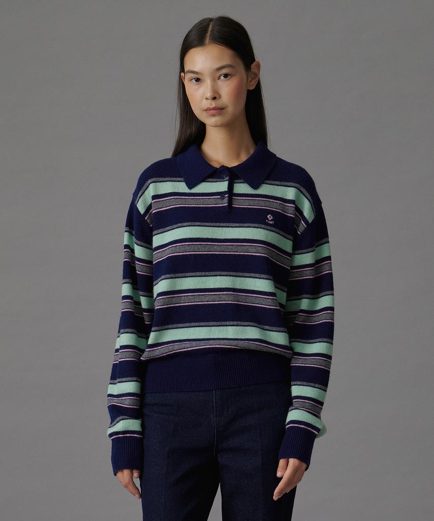 TTUDEMENT Retro Stripe Polo Knit Navy