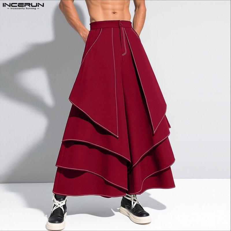 INCERUN Men Casual Loose Zipper Waist Front Irregular Layers Long Pants Trousers