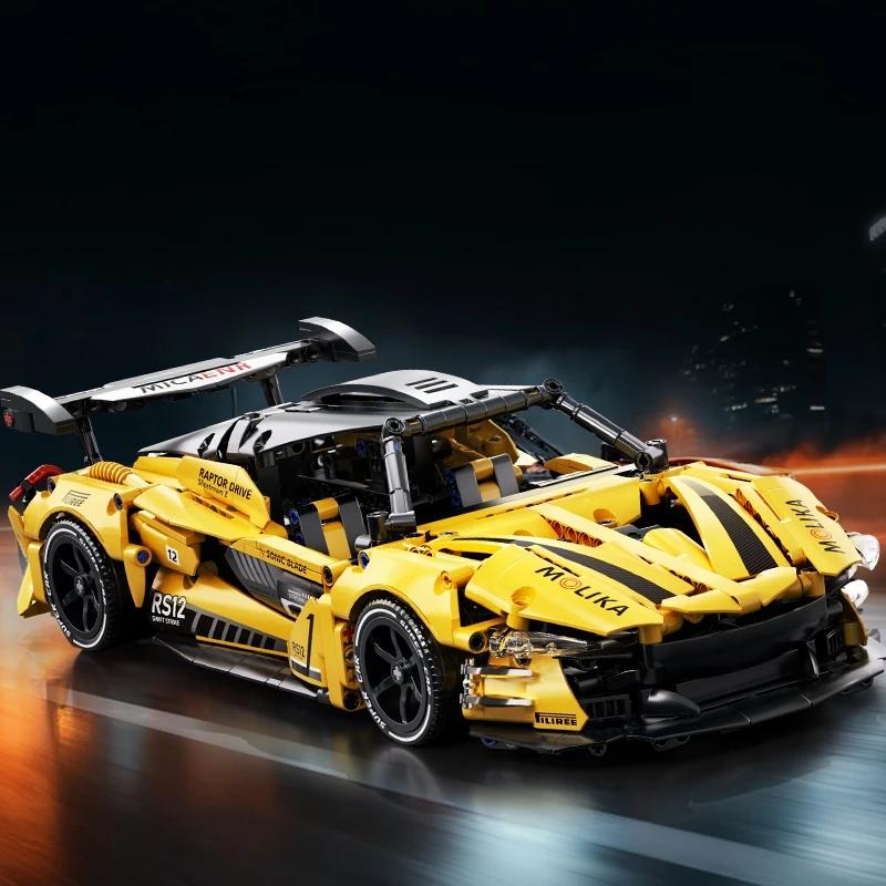 Non-Toxic Technical City Yellow Racing Car Building Blocks Set Moc Model Super Vehicle Toys Birthday Christmas Halloween Gifts Kid Adult