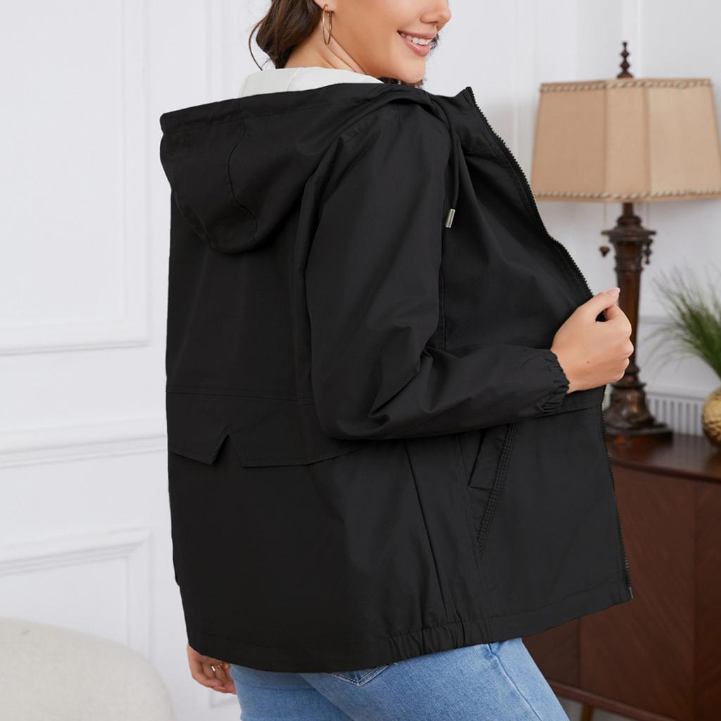 Women's Casual Color Hooded Windbreaker Jacket Long Sleeve for Outdoor Sports