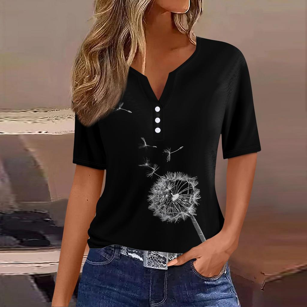 Women's Casual Sequin Printed V-Neck Short Sleeve Decorative Button T-Shirt Top