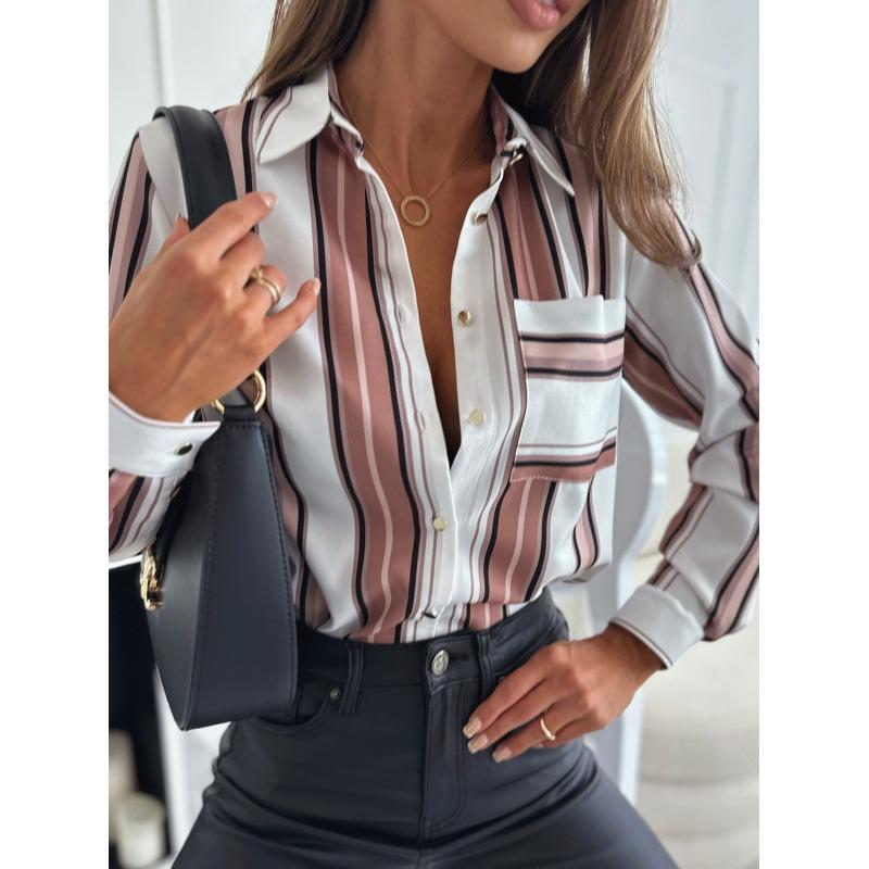 Damen Bedrucktes Hemd Langarm Revers Knopfleiste