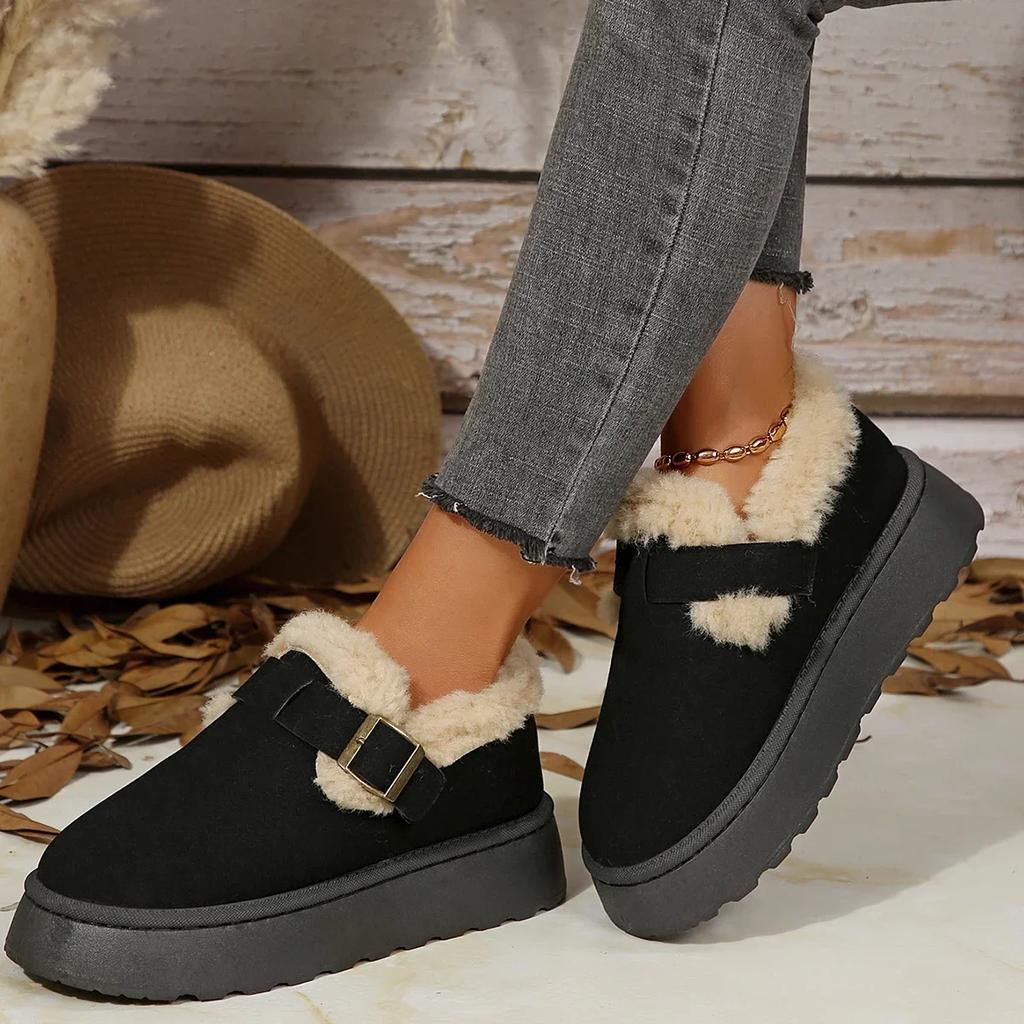 Neue Damen Schuhe Slipper Damen Stiefel Winter Runde Zehenpartie Einfarbig Wildleder Plüsch Warm Mittelhoch Absatz Schneestiefel Schwarz Botas Mujer