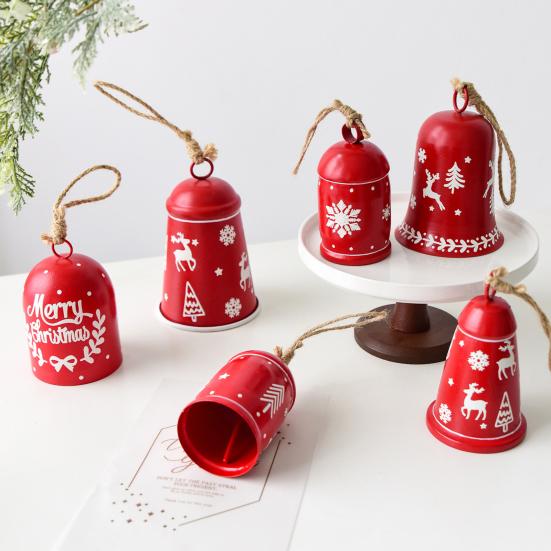 2 Pcs Red Christmas Bells Ornament Vintage Rustic Hanging Bell with Snowflake Reindeer Tree Pattern Handmade Lucky Bell for Home Tree Decor