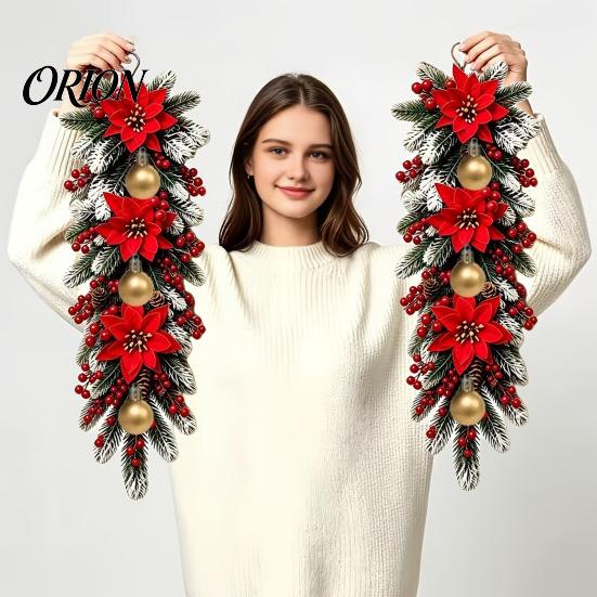 Festive Snowy Pine Needle Swag Holiday Entrance Wall Ornament, Red Poinsettia Berry Decor, Natural Decor Cone Hanging Swag, Needles Scandinavian Home