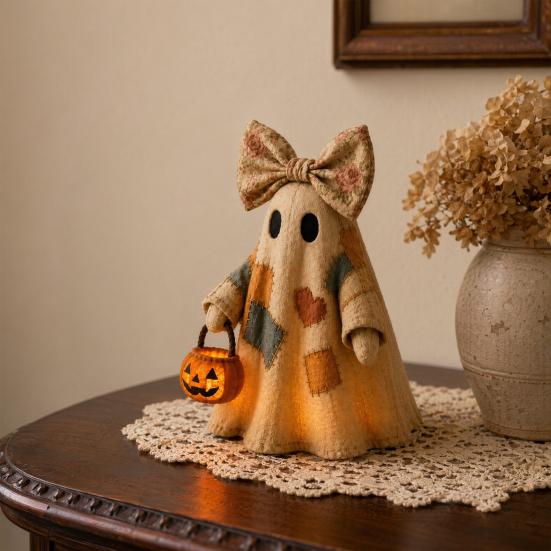 Lighted Vintage Patchwork Ghost LED Light Ghost with Pumpkin Lantern Halloween Decor Vintage
