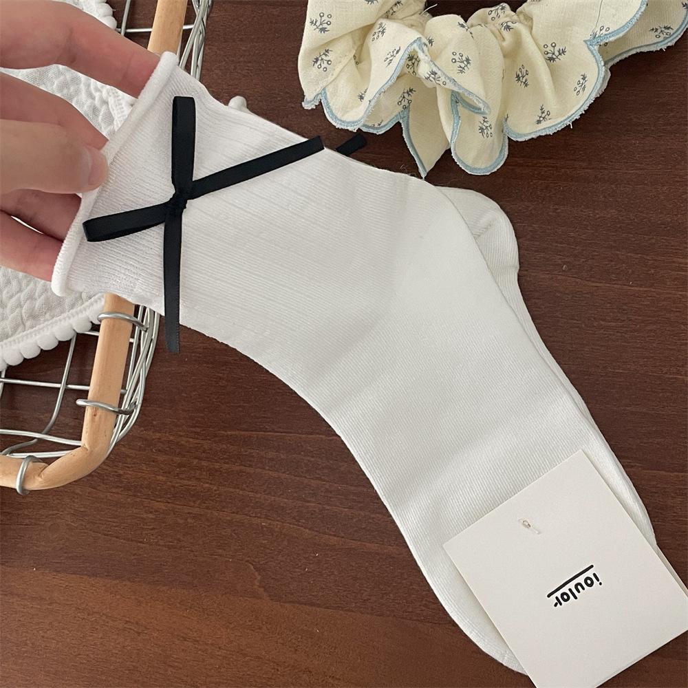 

Женские весенне-летние новые простые носки-трубы без косточек с бантом 1 pair чёрный/белый