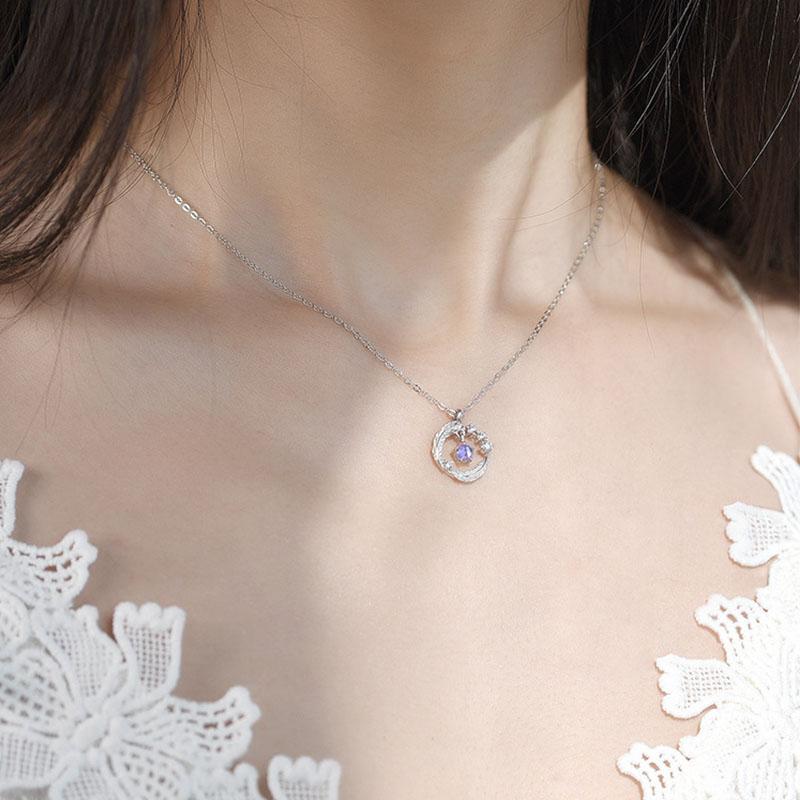 ANENJERY Moonstone Feather Pendant Necklace for Women Jewelry Gift Wholesale