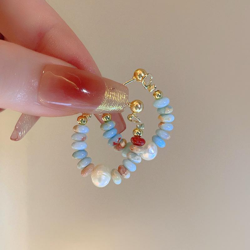 Electroplated Gold Dopamine Pearl Beaded Hoop Earrings - Korean Style for Women