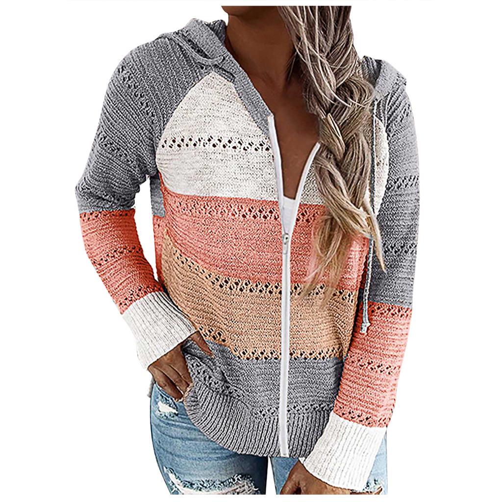 Fashion Women Casual Patchwork Long Sleeves Hooded Sweater Cardigan Blouse Tops