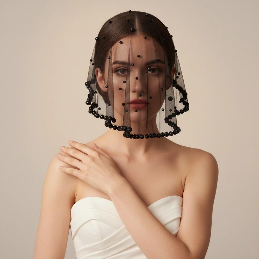 Vintage White Black Red Pearls Beads Brides Veil Headwear Solid Color Tulle Wedding Veils Wedding Veils Wedding