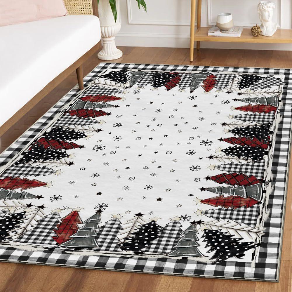 VIKAMA Kerst Sneeuwvlok Vloerkleed Rood Zwart Buffalo Plaid Wasbaar Antislip Anti Slip Tapijt Slaapkamer Woonkamer Woondecoratie