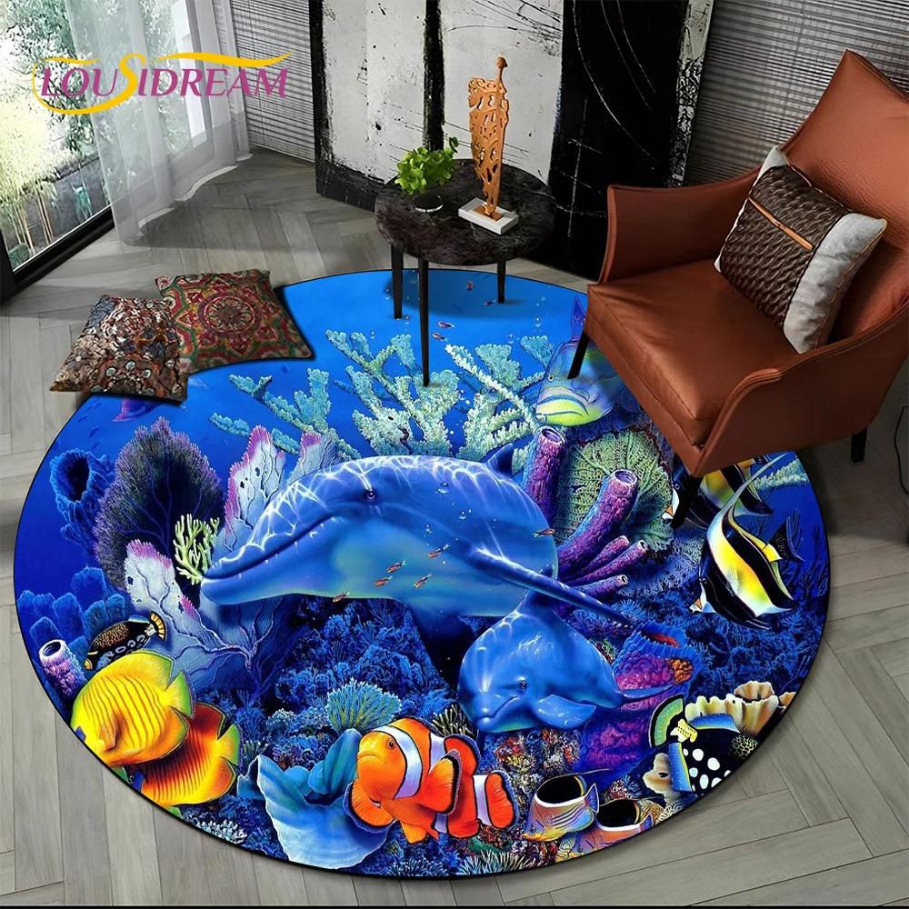 Underwater World Dream Seabed Fish Cartoon Round Carpet Rug for Living Room Bedroom Kids Decor,Pet Area Rug Non-slip Floor Mat
